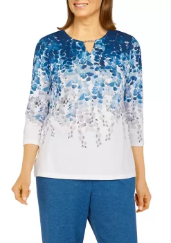 Best reviews of 😍 Alfred Dunner Petite Floral Park Split Neck 3/4 Sleeve Ombré Leaf Print Top 🎉 -Alfred Dunner Sales Belk 1012