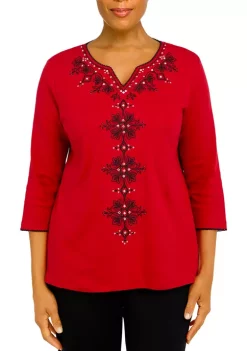 Cheapest 💯 Alfred Dunner Petite Empire State Solid Split Neck 3/4 Sleeve Top 🛒 -Alfred Dunner Sales Belk 1016