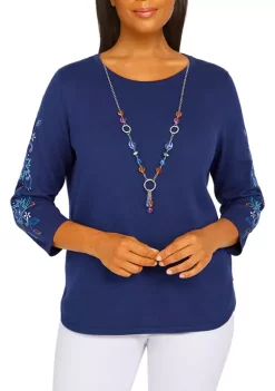 Buy 👏 Alfred Dunner Petite Lake Placid Embroidered Sweater With Detachable Necklace 😉 -Alfred Dunner Sales Belk 1020