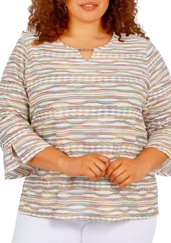 Best Sale 🥰 Alfred Dunner Plus Size Copper Canyon Split Neck Three-Quarter Bell Sleeve Top 🎉 -Alfred Dunner Sales Belk 1028
