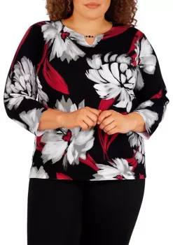 Deals 😉 Alfred Dunner Plus Size Empire State Flower Split Neck 3/4 Sleeve Sweater ⌛ -Alfred Dunner Sales Belk 1039