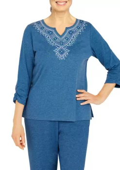 Cheapest 😍 Alfred Dunner 👩 Women's Floral Park Split Neck 3/4 Sleeve Heather Knit Top 👍