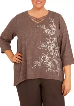 Best reviews of 🛒 Alfred Dunner Plus Size Sorrento Asymmetric Floral Embroidered Ribbed Top 🥰 -Alfred Dunner Sales Belk 109