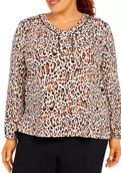 Flash Sale 🥰 Alfred Dunner Plus Size Madagascar Leopard Print Split Neck 3/4 Sleeve 👕 Shirt 😍
