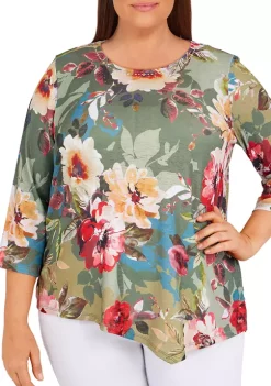 Deals π₯° Alfred Dunner Plus Size Copper Canyon Asymmetrical Hem Three-Quarter Sleeve Floral Print Top π