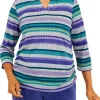 Budget 😀 Alfred Dunner 👩 Women's Split Neck 3/4 Sleeve Ribbed Stripe Print Top 🔔 -Alfred Dunner Sales Belk 1120