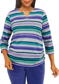 Budget 😀 Alfred Dunner 👩 Women's Split Neck 3/4 Sleeve Ribbed Stripe Print Top 🔔