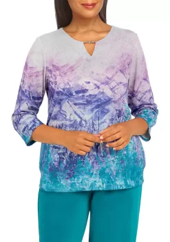 Best Pirce 👏 Alfred Dunner 👩 Women's Split Neck 3/4 Sleeve Scenic Print Top ✔️ -Alfred Dunner Sales Belk 1143