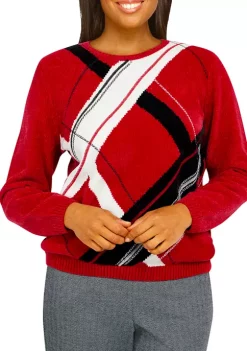 Best deal ❤️ Alfred Dunner Petite Empire State Plaid Crew Neck Long Sleeve Sweater ⌛ -Alfred Dunner Sales Belk 1167