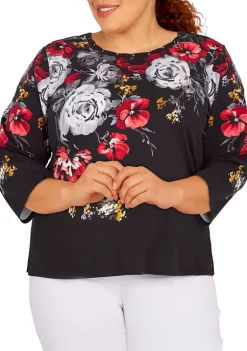 Outlet 🧨 Alfred Dunner Plus Size Empire State Crew Neck 3/4 Sleeve Floral Print Top 🧨 -Alfred Dunner Sales Belk 1171