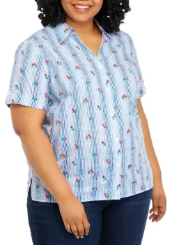 Coupon 🌟 Alfred Dunner Plus Size American Dream Cherry Stripe Button Up 👕 Shirt 🧨 -Alfred Dunner Sales Belk 1175
