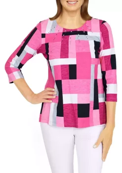 Best Sale 😉 Alfred Dunner 👩 Women's Theater District Crew Neck 3/4 Sleeve Color Block Print Top 👍 -Alfred Dunner Sales Belk 1183
