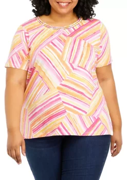 Deals ✨ Alfred Dunner Plus Size Striped Patchwork Print Top 🌟 -Alfred Dunner Sales Belk 1211