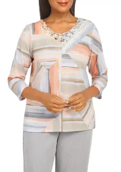 Best deal 𧨠Alfred Dunner π© Women's Stonehenge Lace Crew Neck 3/4 Sleeves Stripe Print Top βοΈ
