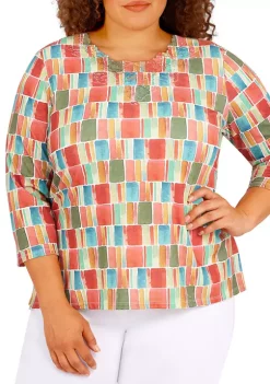 Cheap 🎉 Alfred Dunner Plus Size Copper Canyon Crew Neck Three-Quarter Sleeve Geo-Print Top ❤️ -Alfred Dunner Sales Belk 1250