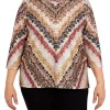 Hot Sale ✔️ Alfred Dunner Plus Size Madacascar Crewneck 3/4 Sleeve Chevron Print Top 👏 -Alfred Dunner Sales Belk 1251