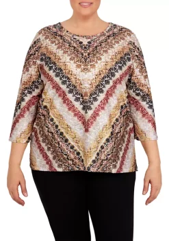 Hot Sale ✔️ Alfred Dunner Plus Size Madacascar Crewneck 3/4 Sleeve Chevron Print Top 👏 -Alfred Dunner Sales Belk 1253
