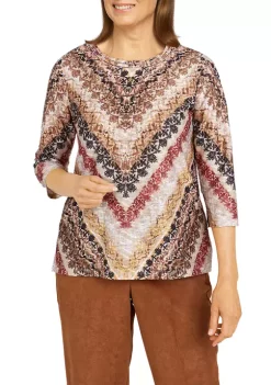 Buy 🥰 Alfred Dunner 👩 Women's Madacascar Crew Neck 3/4 Sleeve Chevron Print Top ✔️
