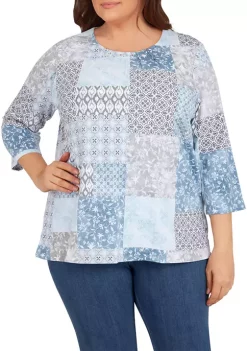 Top 10 🎁 Alfred Dunner Plus Size Victoria Falls Crew Neck 3/4 Sleeve Monotone Print Top 🧨 -Alfred Dunner Sales Belk 1355