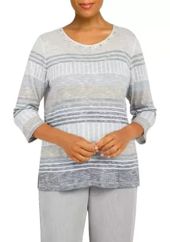 Buy ❤️ Alfred Dunner Petite Stonehenge Round Neck 3/4 Sleeve Stripe Print Top 🔥 -Alfred Dunner Sales Belk 1358