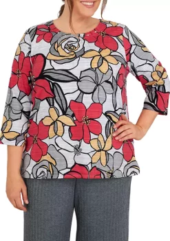 Best Pirce 👏 Alfred Dunner Plus Size Empire State Crew Neck 3/4 Sleeve Floral Print Top ⭐