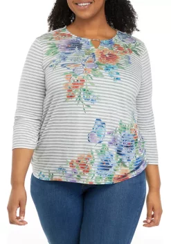 Brand new 🤩 Alfred Dunner Plus Size Stripe Asymmetric Floral Knit Top 🔥 -Alfred Dunner Sales Belk 1410
