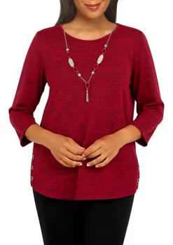 Buy ❤️ Alfred Dunner Petite Empire State Crew Neck 3/4 Sleeve Knit Top with Removable Necklace ✔️ -Alfred Dunner Sales Belk 1416