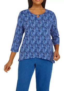 Top 10 🔥 Alfred Dunner 👩 Women's Indigo Daze Diamond Texture Print Knit Top 🧨 -Alfred Dunner Sales Belk 1429