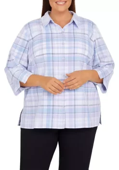 Coupon 🛒 Alfred Dunner Plus Size Victoria Falls Plaid Corduroy 3/4 Sleeve 👕 Shirt 🤩 -Alfred Dunner Sales Belk 1489