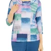 Promo 🛒 Alfred Dunner 👩 Women's Floral Park Crew Neck 3/4 Sleeve Watercolor Print Top 👍 -Alfred Dunner Sales Belk 1502