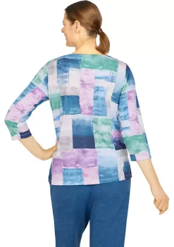 Promo 🛒 Alfred Dunner 👩 Women's Floral Park Crew Neck 3/4 Sleeve Watercolor Print Top 👍 -Alfred Dunner Sales Belk 1503