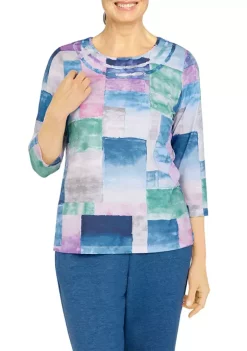 Promo 🛒 Alfred Dunner 👩 Women's Floral Park Crew Neck 3/4 Sleeve Watercolor Print Top 👍 -Alfred Dunner Sales Belk 1504