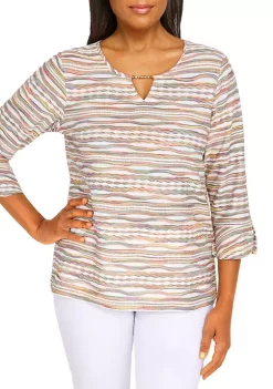 Hot Sale π₯° Alfred Dunner Petite Copper Canyon Split Neck Three-Quarter Bell Sleeve Top π