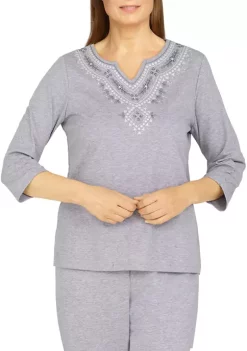 Budget ✔️ Alfred Dunner Petite Floral Park Split Neck 3/4 Sleeve Heather Knit Top 👍 -Alfred Dunner Sales Belk 1517