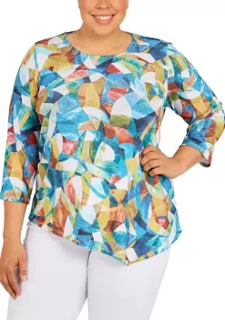 New 🌟 Alfred Dunner Plus Size Lake Placid Embellished Asymmetrical Hemline Print Top ⭐