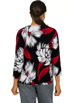 Flash Sale 👍 Alfred Dunner 👩 Women's Empire State Flower Split Neck 3/4 Sleeve Sweater 😀 -Alfred Dunner Sales Belk 1532