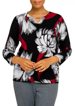 Flash Sale 👍 Alfred Dunner 👩 Women's Empire State Flower Split Neck 3/4 Sleeve Sweater 😀 -Alfred Dunner Sales Belk 1533