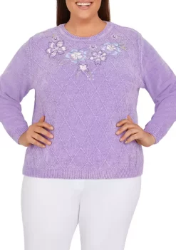 Coupon 👏 Alfred Dunner Plus Size Victoria Falls Crew Neck Long Sleeve Floral Chenille Sweater 😍