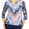 Budget 🔔 Alfred Dunner 👩 Women's Shenandoah Valley Split Neckline 3/4 Sleeve Print Top 🔥 -Alfred Dunner Sales Belk 1537