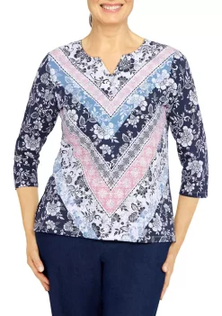 Budget 🔔 Alfred Dunner 👩 Women's Shenandoah Valley Split Neckline 3/4 Sleeve Print Top 🔥