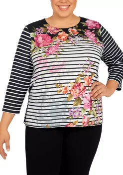 Coupon π Alfred Dunner Plus Size Theater District Crew Neck 3/4 Sleeve Contrast Knit Top π