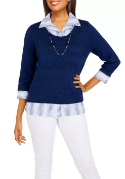 Flash Sale 🤩 Alfred Dunner Petite Pointelle Stitch Striped Woven Top 🔥 -Alfred Dunner Sales Belk 1555