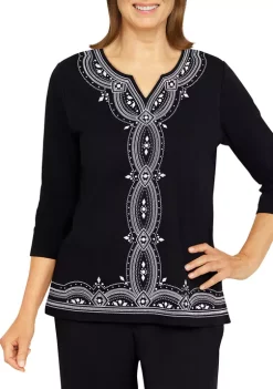 Best Sale 🎁 Alfred Dunner 👩 Women's Theater District Solid Split Neck 3/4 Sleeve Knit Top 🎉