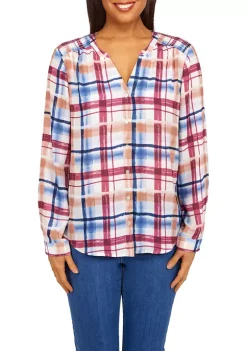 Coupon 😉 Alfred Dunner Petite Smocked Watercolor Plaid Blouse 🔔 -Alfred Dunner Sales Belk 1571