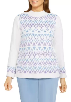 Coupon ⭐ Alfred Dunner 👩 Women's Victoria Falls Mock Neck 3/4 Sleeve Fair Isle Chenille Sweater 🧨 -Alfred Dunner Sales Belk 1574