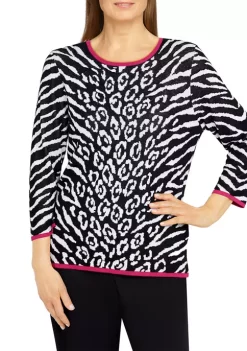 New 🎁 Alfred Dunner 👩 Women's Theater District Crew Neck 3/4 Sleeve Animal Jacquard Sweater ✨