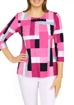 Cheap ⭐ Alfred Dunner Petite Theater District Crew Neck 3/4 Sleeve Color Block Print Top 🛒 -Alfred Dunner Sales Belk 1596