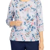 Best reviews of ⌛ Alfred Dunner Petite Shenandoah Valley Crew Neck 3/4 Sleeve Leaf Print Top 💯