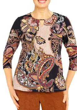 Coupon 🎁 Alfred Dunner Petite Madagascar Split Neck 3/4 Sleeve Paisley Print Top 😀 -Alfred Dunner Sales Belk 1606