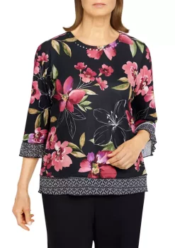 Discount 🤩 Alfred Dunner 👩 Women's Theater District Crew Neck Three-Quarter Flutter Sleeve Mixed Print Top 🥰 -Alfred Dunner Sales Belk 1626